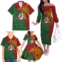 Papua New Guinea East Sepik Province Family Matching Off The Shoulder Long Sleeve Dress and Hawaiian Shirt Tribal Crocodile Birds of Paradise Melanesian Tattoo LT03 - Polynesian Pride
