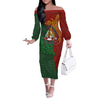 Papua New Guinea East Sepik Province Family Matching Off The Shoulder Long Sleeve Dress and Hawaiian Shirt Tribal Crocodile Birds of Paradise Melanesian Tattoo LT03 Mom's Dress Green - Polynesian Pride