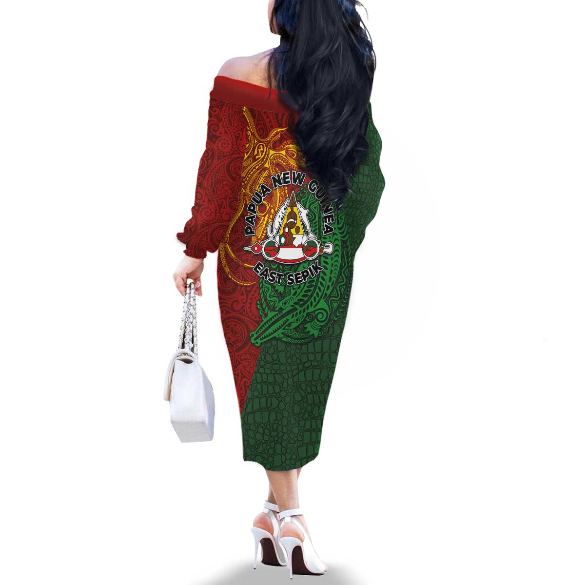 Papua New Guinea East Sepik Province Family Matching Off The Shoulder Long Sleeve Dress and Hawaiian Shirt Tribal Crocodile Birds of Paradise Melanesian Tattoo LT03 - Polynesian Pride