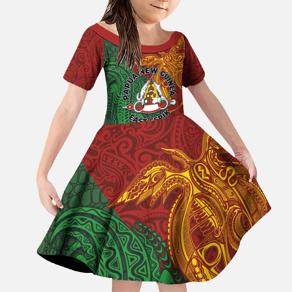 Papua New Guinea East Sepik Province Family Matching Off Shoulder Maxi Dress and Hawaiian Shirt Tribal Crocodile Birds of Paradise Melanesian Tattoo LT03 Daughter's Dress Green - Polynesian Pride