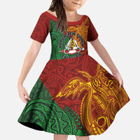 Papua New Guinea East Sepik Province Family Matching Off Shoulder Maxi Dress and Hawaiian Shirt Tribal Crocodile Birds of Paradise Melanesian Tattoo LT03 Daughter's Dress Green - Polynesian Pride