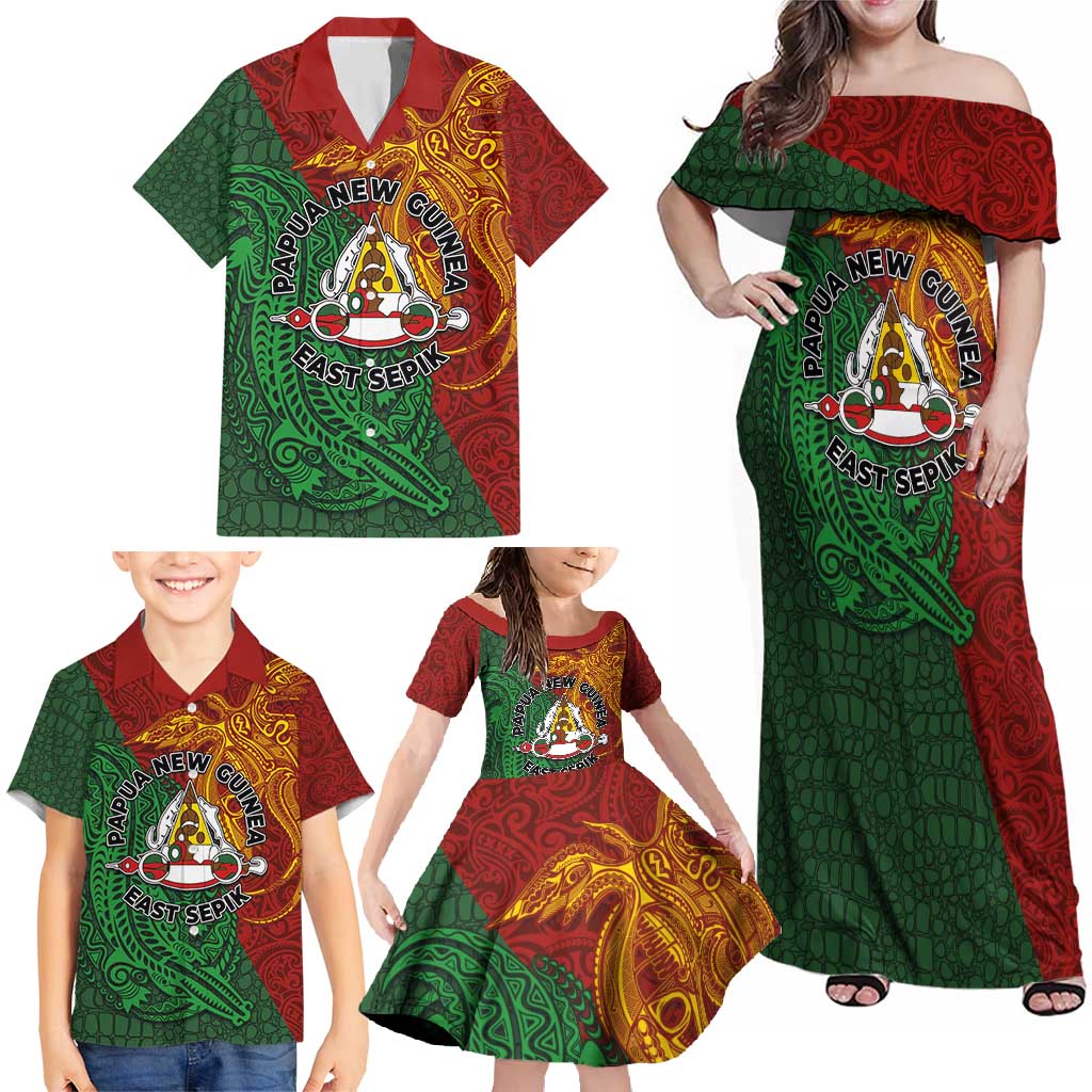 Papua New Guinea East Sepik Province Family Matching Off Shoulder Maxi Dress and Hawaiian Shirt Tribal Crocodile Birds of Paradise Melanesian Tattoo LT03 - Polynesian Pride