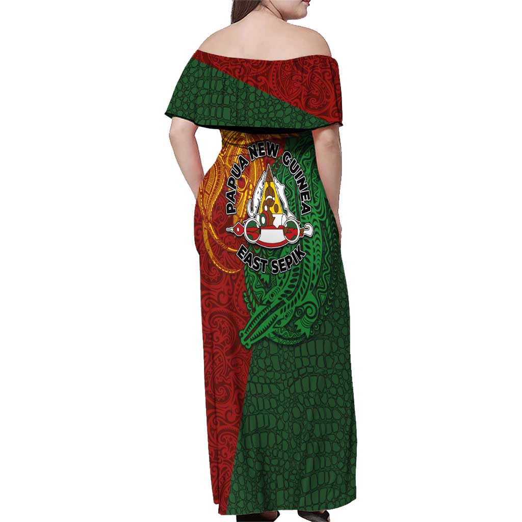 Papua New Guinea East Sepik Province Family Matching Off Shoulder Maxi Dress and Hawaiian Shirt Tribal Crocodile Birds of Paradise Melanesian Tattoo LT03 - Polynesian Pride