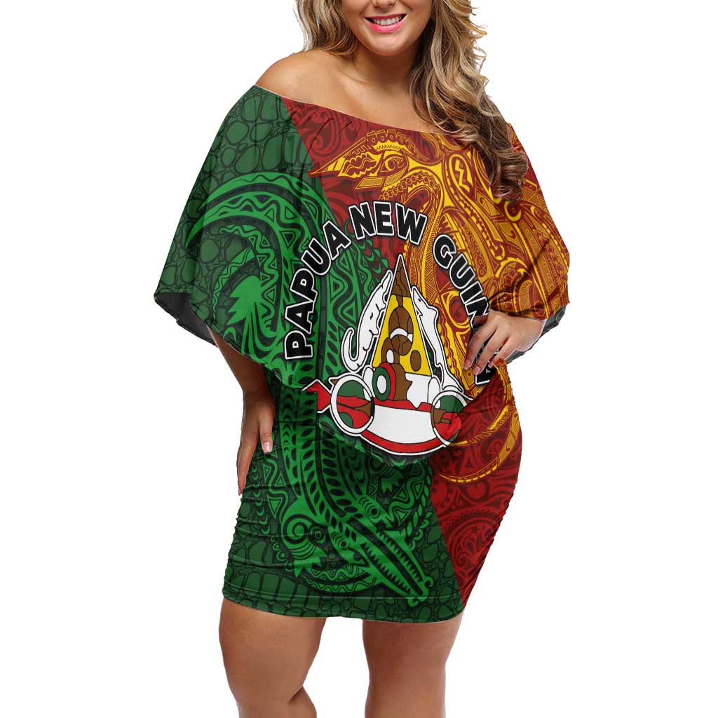Papua New Guinea East Sepik Province Family Matching Off Shoulder Short Dress and Hawaiian Shirt Tribal Crocodile Birds of Paradise Melanesian Tattoo LT03 Mom's Dress Green - Polynesian Pride