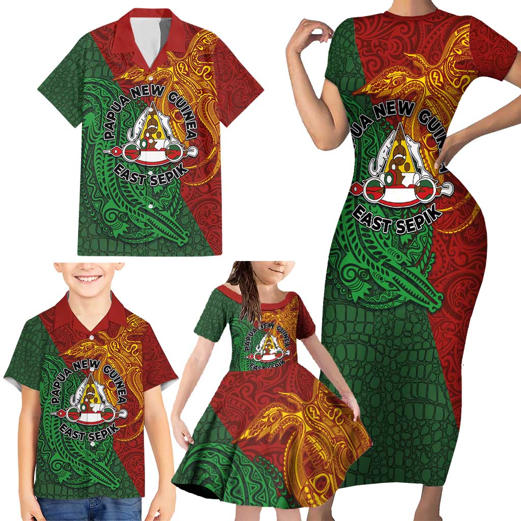 Papua New Guinea East Sepik Province Family Matching Short Sleeve Bodycon Dress and Hawaiian Shirt Tribal Crocodile Birds of Paradise Melanesian Tattoo LT03 - Polynesian Pride