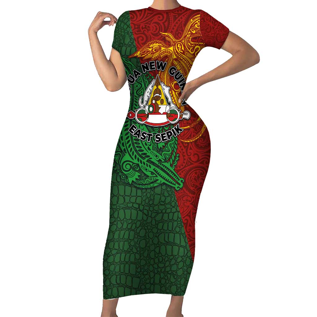 Papua New Guinea East Sepik Province Family Matching Short Sleeve Bodycon Dress and Hawaiian Shirt Tribal Crocodile Birds of Paradise Melanesian Tattoo LT03 Mom's Dress Green - Polynesian Pride