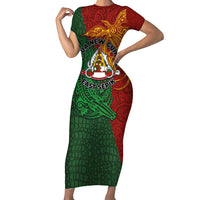 Papua New Guinea East Sepik Province Family Matching Short Sleeve Bodycon Dress and Hawaiian Shirt Tribal Crocodile Birds of Paradise Melanesian Tattoo LT03 Mom's Dress Green - Polynesian Pride