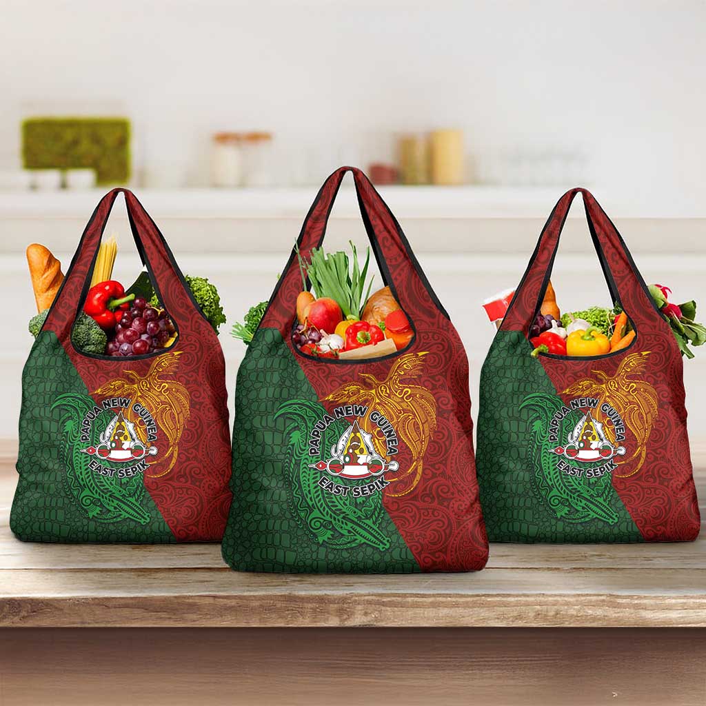 Papua New Guinea East Sepik Province Grocery Bag Tribal Crocodile Birds of Paradise Melanesian Tattoo LT03 3-pack One Size Green - Polynesian Pride