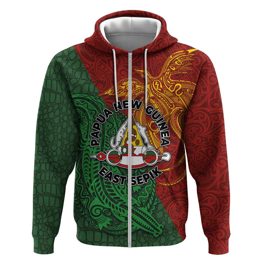 Papua New Guinea East Sepik Province Hoodie Tribal Crocodile Birds of Paradise Melanesian Tattoo LT03 Zip Hoodie Green - Polynesian Pride