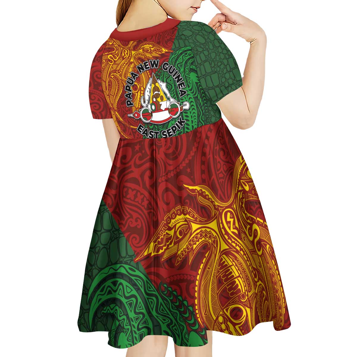 Papua New Guinea East Sepik Province Kid Short Sleeve Dress Tribal Crocodile Birds of Paradise Melanesian Tattoo