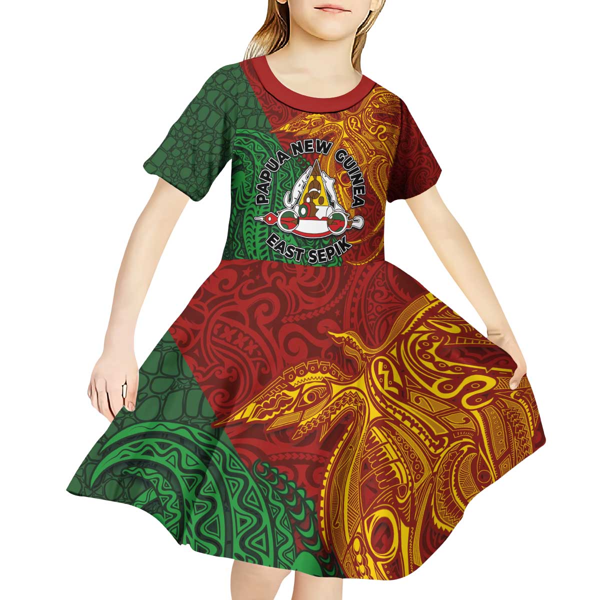 Papua New Guinea East Sepik Province Kid Short Sleeve Dress Tribal Crocodile Birds of Paradise Melanesian Tattoo