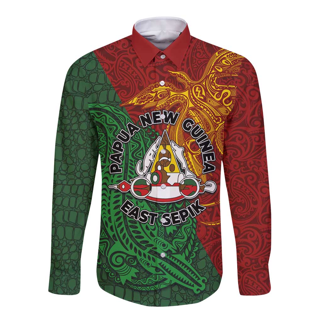 Papua New Guinea East Sepik Province Long Sleeve Button Shirt Tribal Crocodile Birds of Paradise Melanesian Tattoo LT03 Unisex Green - Polynesian Pride