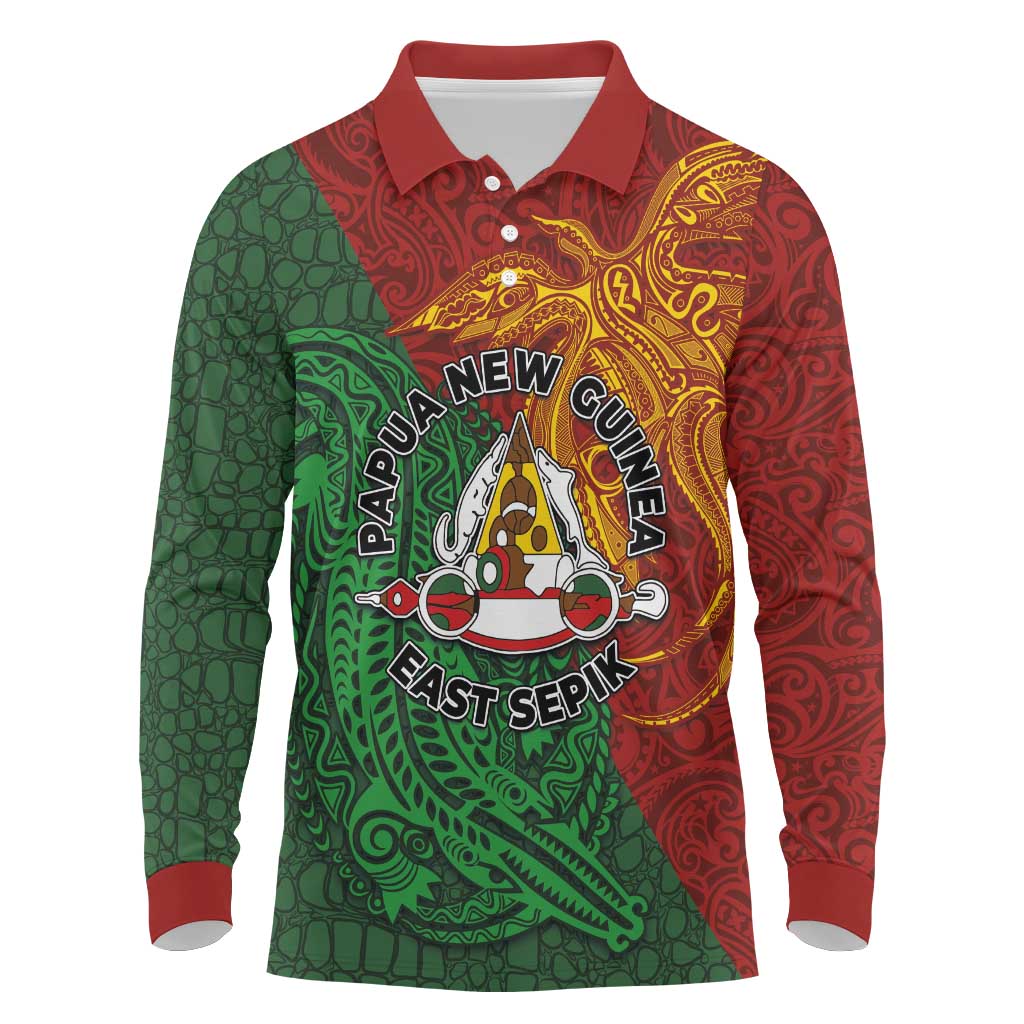 Papua New Guinea East Sepik Province Long Sleeve Polo Shirt Tribal Crocodile Birds of Paradise Melanesian Tattoo