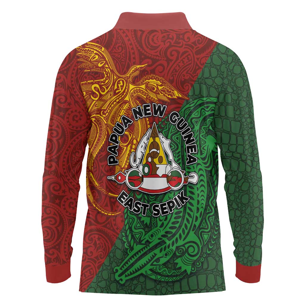 Papua New Guinea East Sepik Province Long Sleeve Polo Shirt Tribal Crocodile Birds of Paradise Melanesian Tattoo