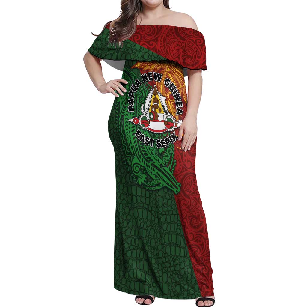 Papua New Guinea East Sepik Province Off Shoulder Maxi Dress Tribal Crocodile Birds of Paradise Melanesian Tattoo LT03 Women Green - Polynesian Pride