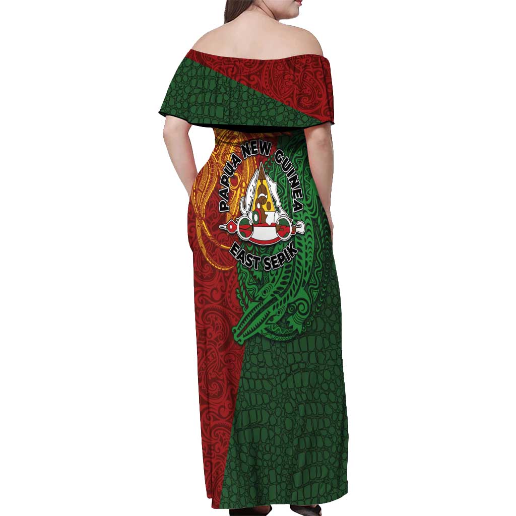 Papua New Guinea East Sepik Province Off Shoulder Maxi Dress Tribal Crocodile Birds of Paradise Melanesian Tattoo LT03 - Polynesian Pride