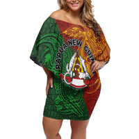 Papua New Guinea East Sepik Province Off Shoulder Short Dress Tribal Crocodile Birds of Paradise Melanesian Tattoo LT03 Women Green - Polynesian Pride