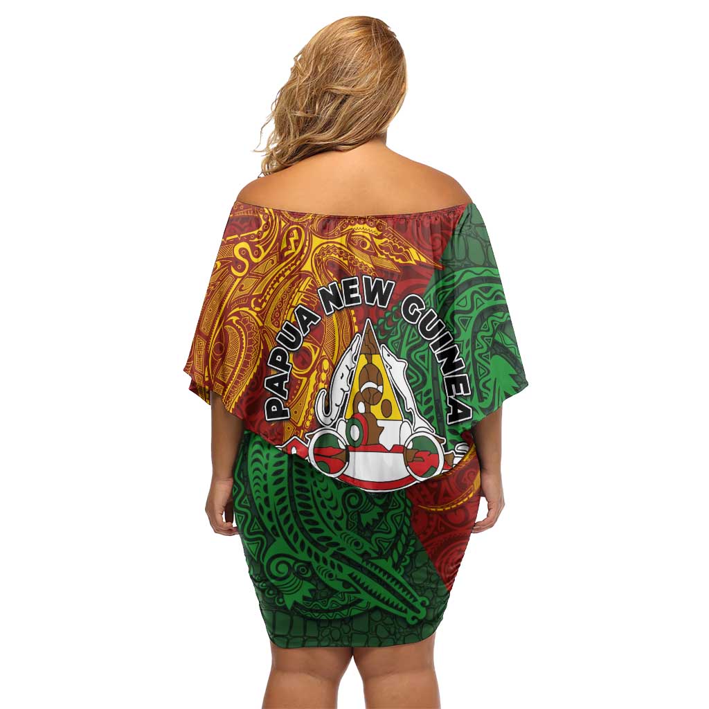 Papua New Guinea East Sepik Province Off Shoulder Short Dress Tribal Crocodile Birds of Paradise Melanesian Tattoo LT03 - Polynesian Pride
