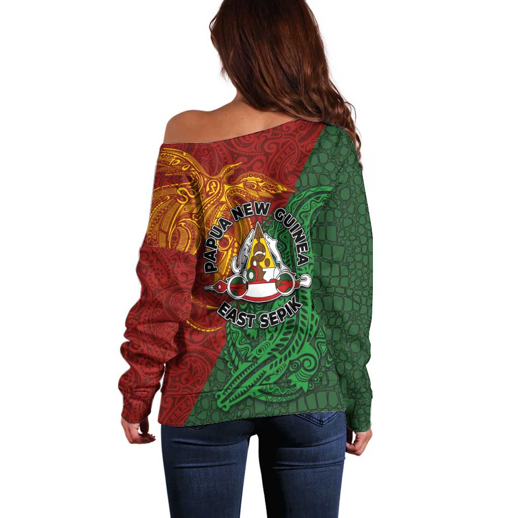 Papua New Guinea East Sepik Province Off Shoulder Sweater Tribal Crocodile Birds of Paradise Melanesian Tattoo LT03 - Polynesian Pride
