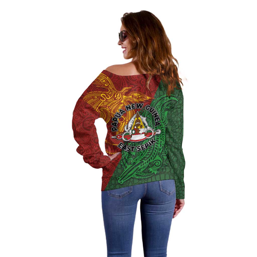 Papua New Guinea East Sepik Province Off Shoulder Sweater Tribal Crocodile Birds of Paradise Melanesian Tattoo LT03 - Polynesian Pride