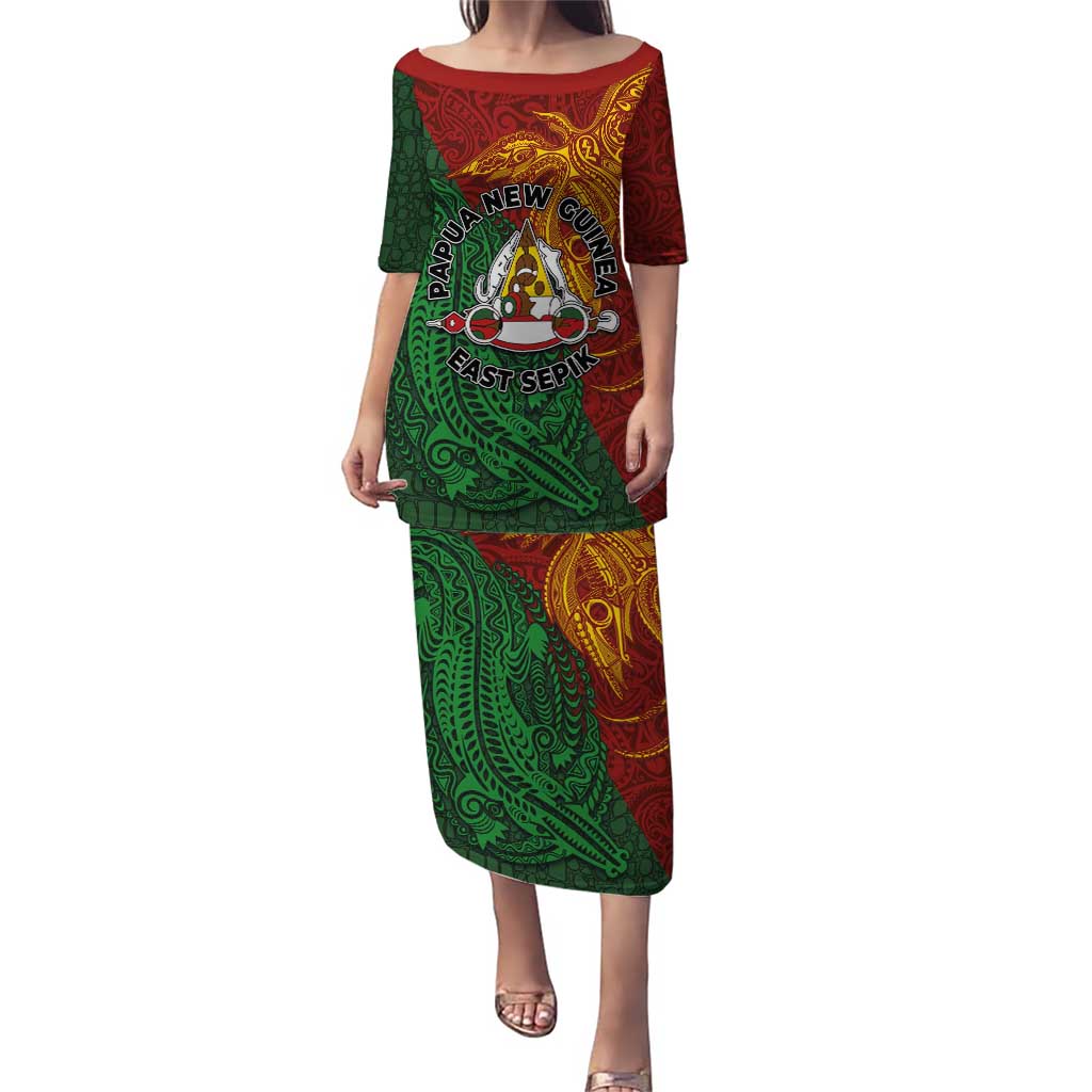 Papua New Guinea East Sepik Province Puletasi Tribal Crocodile Birds of Paradise Melanesian Tattoo LT03 Long Dress Green - Polynesian Pride