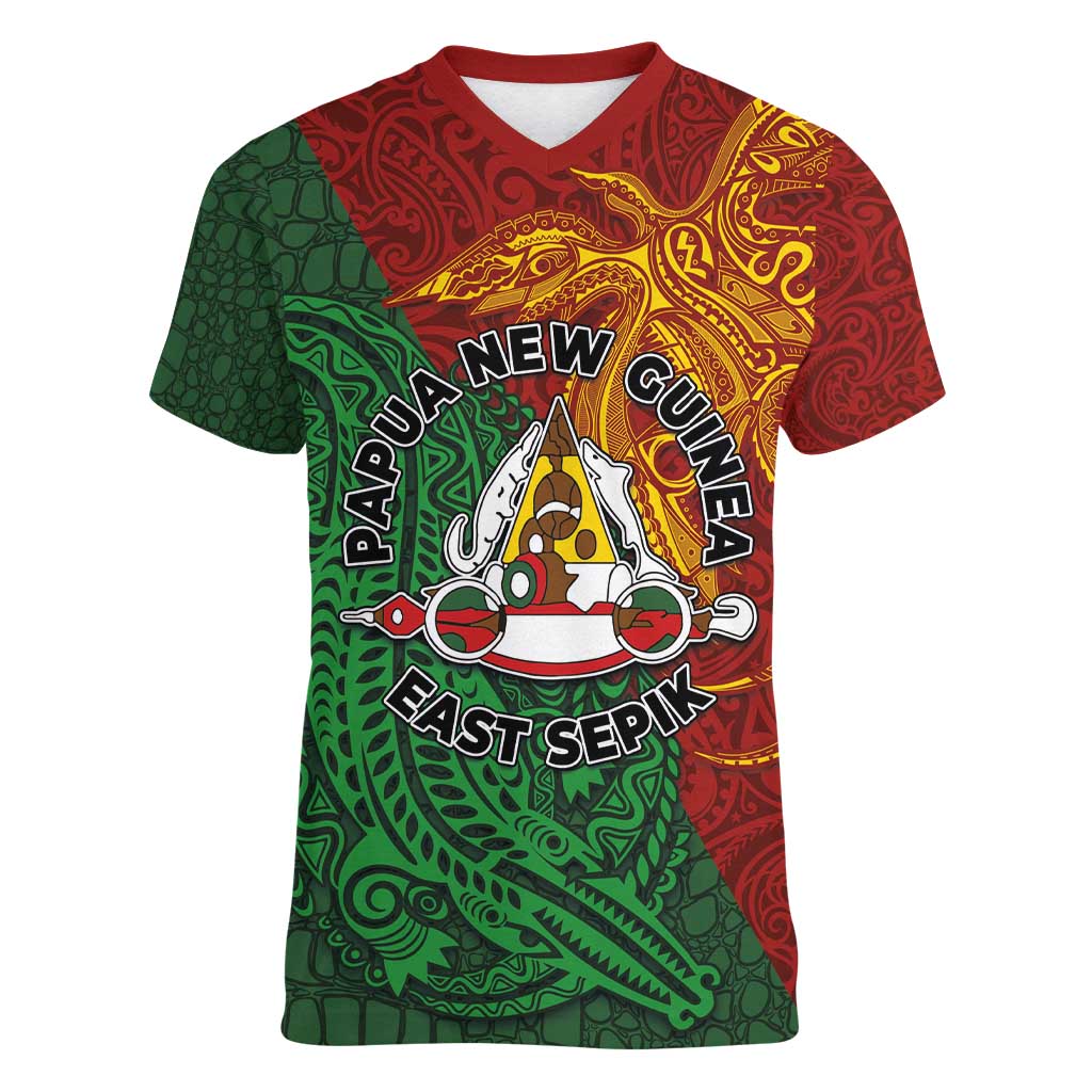 Papua New Guinea East Sepik Province Women V-Neck T-Shirt Tribal Crocodile Birds of Paradise Melanesian Tattoo