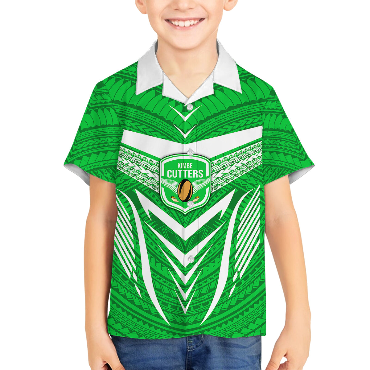 Kimbe Cutters Rugby Kid Hawaiian Shirt Papua New Guinea Polynesian Tattoo Green Version LT03 - Polynesian Pride