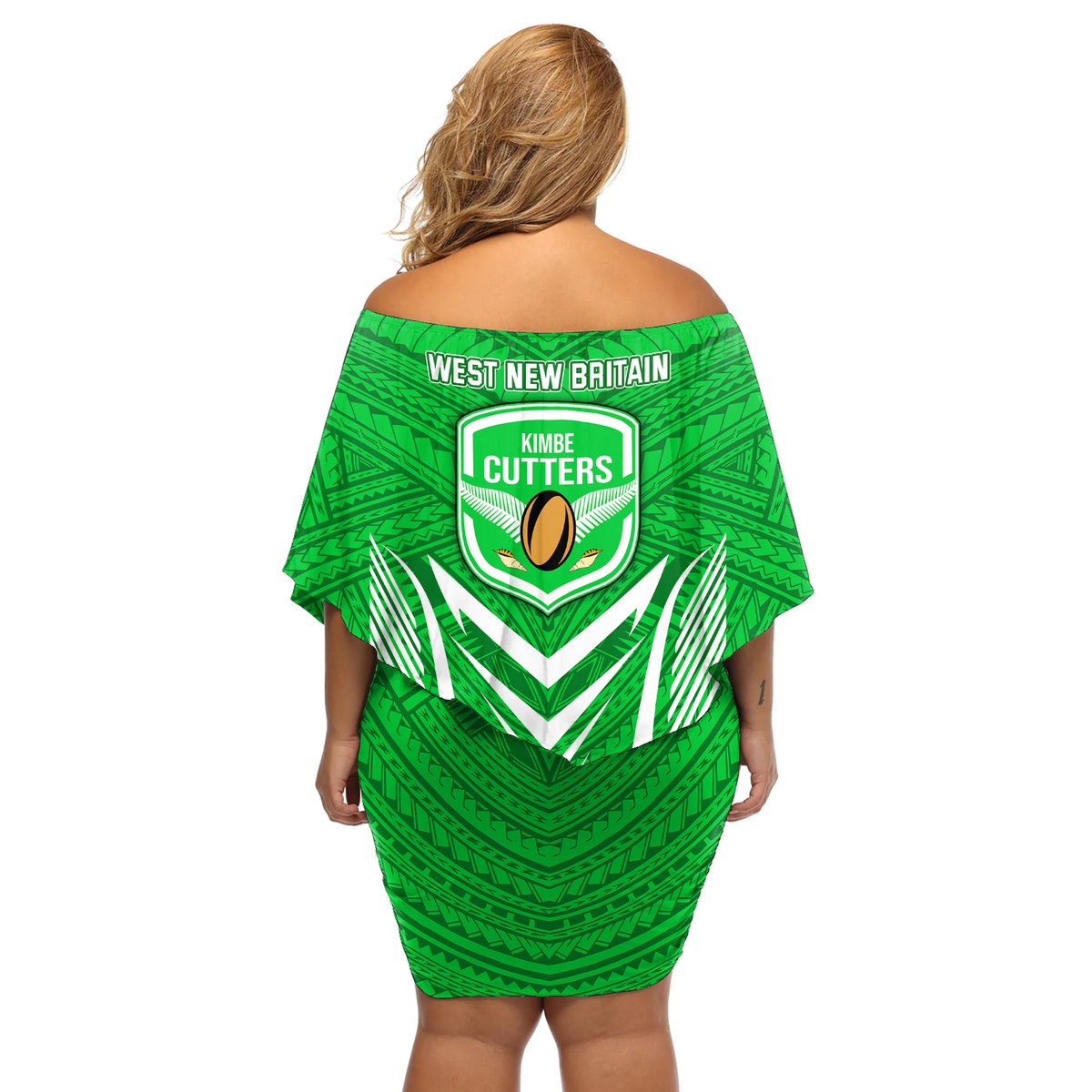 Kimbe Cutters Rugby Off Shoulder Short Dress Papua New Guinea Polynesian Tattoo Green Version LT03 - Polynesian Pride