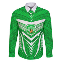 Custom Kimbe Cutters Rugby Family Matching Long Sleeve Bodycon Dress and Hawaiian Shirt Papua New Guinea Polynesian Tattoo Green Version LT03 Dad's Shirt - Long Sleeve Green - Polynesian Pride