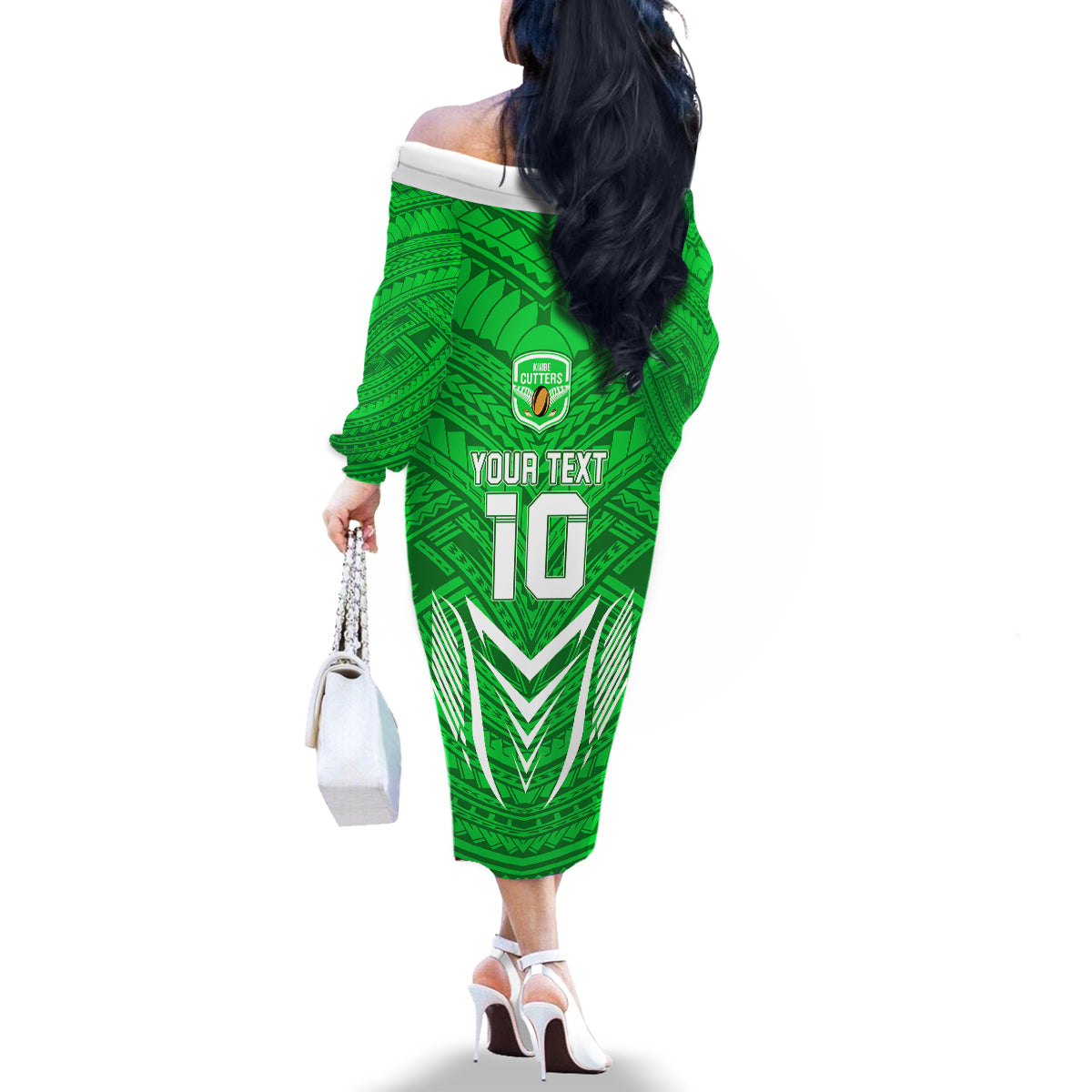 Custom Kimbe Cutters Rugby Family Matching Off Shoulder Long Sleeve Dress and Hawaiian Shirt Papua New Guinea Polynesian Tattoo Green Version LT03 - Polynesian Pride