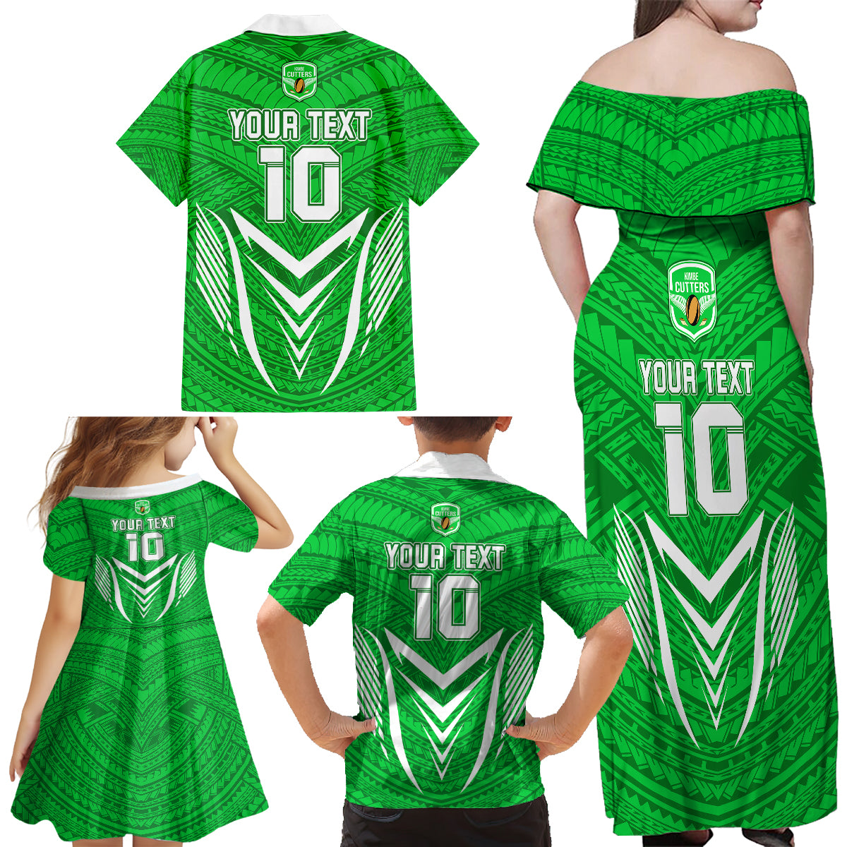 Custom Kimbe Cutters Rugby Family Matching Off Shoulder Maxi Dress and Hawaiian Shirt Papua New Guinea Polynesian Tattoo Green Version LT03 - Polynesian Pride