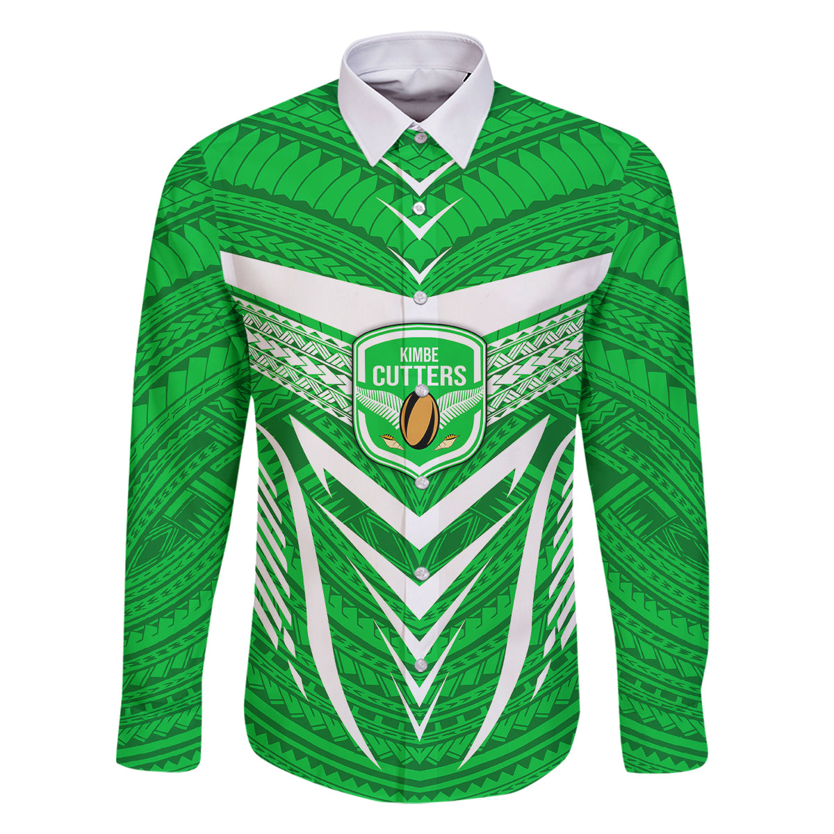 Custom Kimbe Cutters Rugby Family Matching Off Shoulder Short Dress and Hawaiian Shirt Papua New Guinea Polynesian Tattoo Green Version LT03 Dad's Shirt - Long Sleeve Green - Polynesian Pride