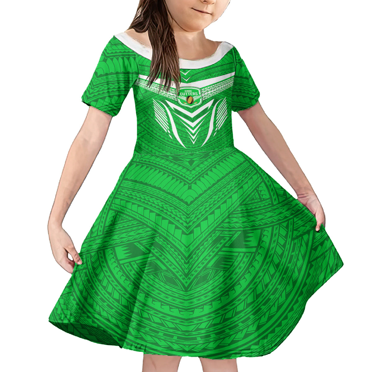 Custom Kimbe Cutters Rugby Family Matching Short Sleeve Bodycon Dress and Hawaiian Shirt Papua New Guinea Polynesian Tattoo Green Version LT03 Daughter's Dress Green - Polynesian Pride