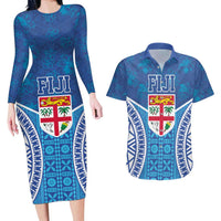 Fiji Day Couples Matching Long Sleeve Bodycon Dress and Hawaiian Shirt Fijian Masi Tribal Hibiscus Tattoo and Tapa Pattern LT03 Blue - Polynesian Pride