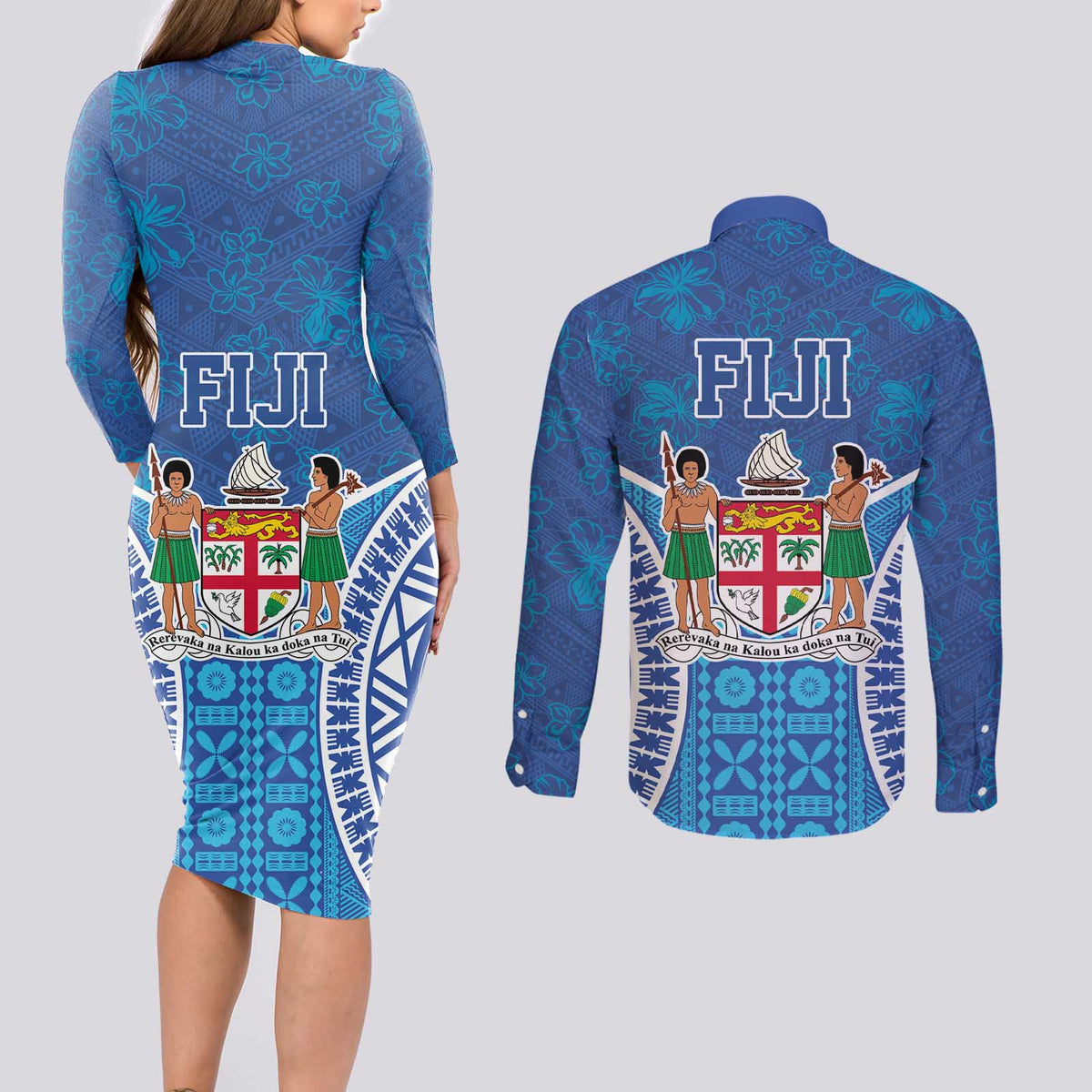 Fiji Day Couples Matching Long Sleeve Bodycon Dress and Long Sleeve Button Shirt Fijian Masi Tribal Hibiscus Tattoo and Tapa Pattern LT03 - Polynesian Pride