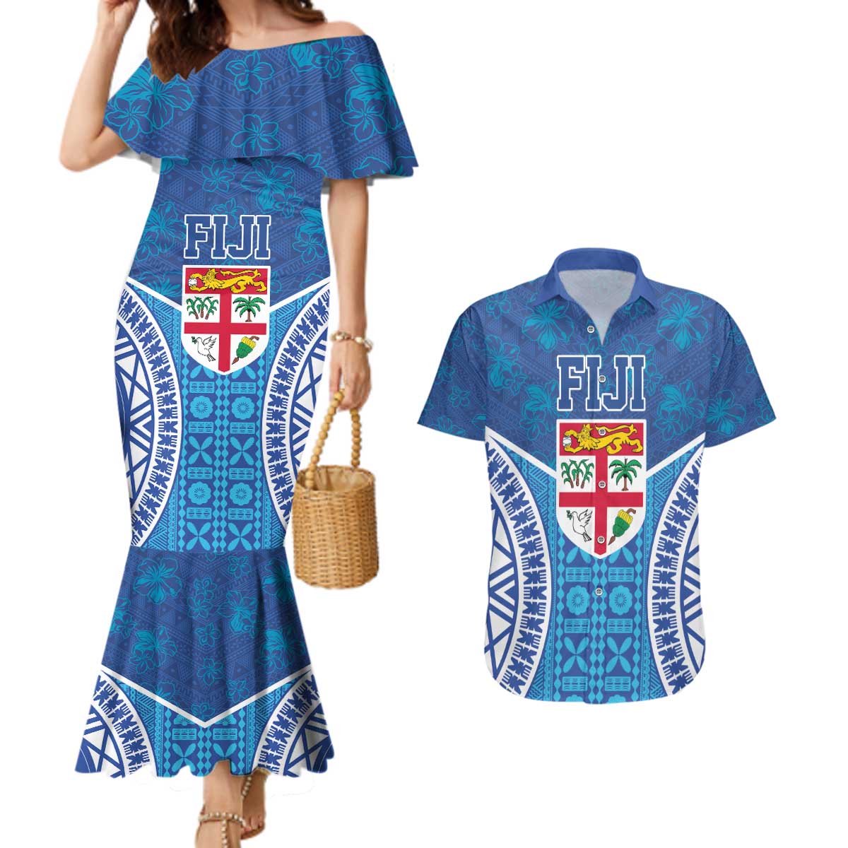 Fiji Day Couples Matching Mermaid Dress and Hawaiian Shirt Fijian Masi Tribal Hibiscus Tattoo and Tapa Pattern LT03 Blue - Polynesian Pride