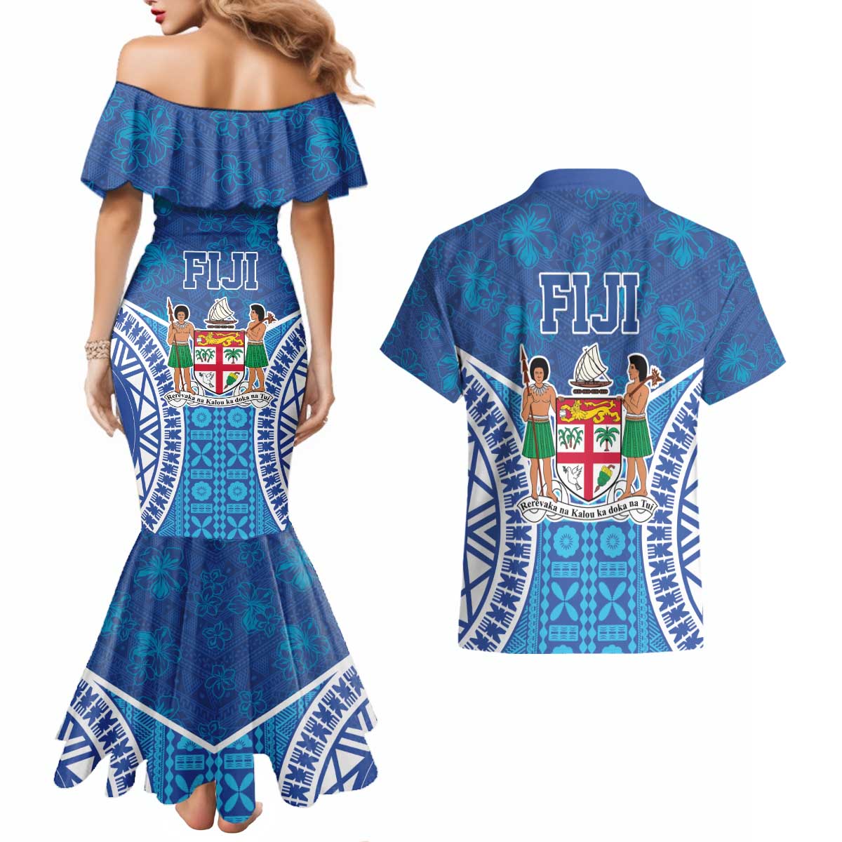 Fiji Day Couples Matching Mermaid Dress and Hawaiian Shirt Fijian Masi Tribal Hibiscus Tattoo and Tapa Pattern LT03 - Polynesian Pride