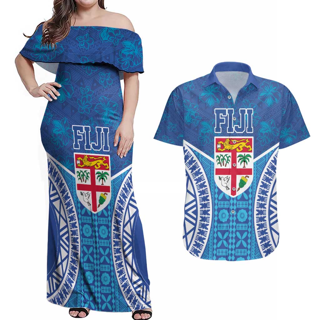 Fiji Day Couples Matching Off Shoulder Maxi Dress and Hawaiian Shirt Fijian Masi Tribal Hibiscus Tattoo and Tapa Pattern LT03 Blue - Polynesian Pride