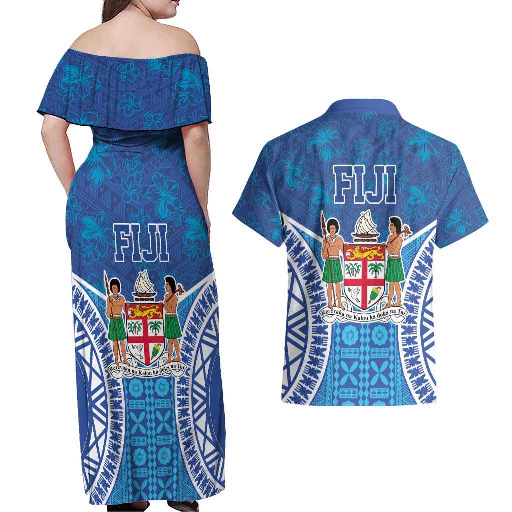 Fiji Day Couples Matching Off Shoulder Maxi Dress and Hawaiian Shirt Fijian Masi Tribal Hibiscus Tattoo and Tapa Pattern LT03 - Polynesian Pride