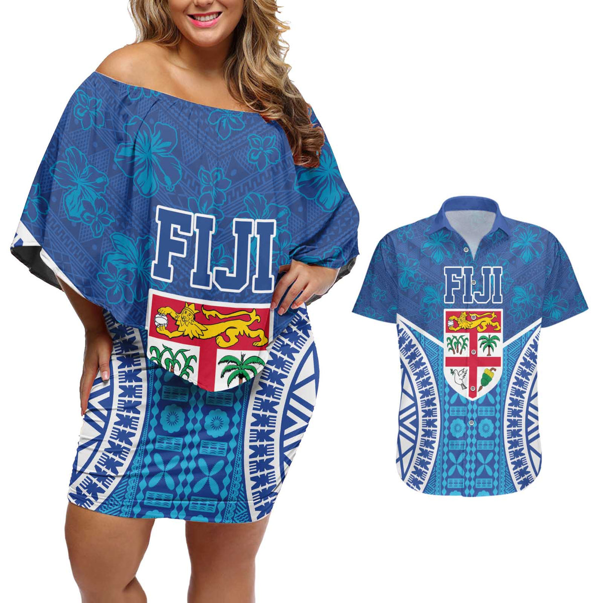 Fiji Day Couples Matching Off Shoulder Short Dress and Hawaiian Shirt Fijian Masi Tribal Hibiscus Tattoo and Tapa Pattern LT03 Blue - Polynesian Pride