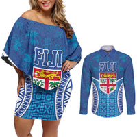Fiji Day Couples Matching Off Shoulder Short Dress and Long Sleeve Button Shirt Fijian Masi Tribal Hibiscus Tattoo and Tapa Pattern LT03 Blue - Polynesian Pride