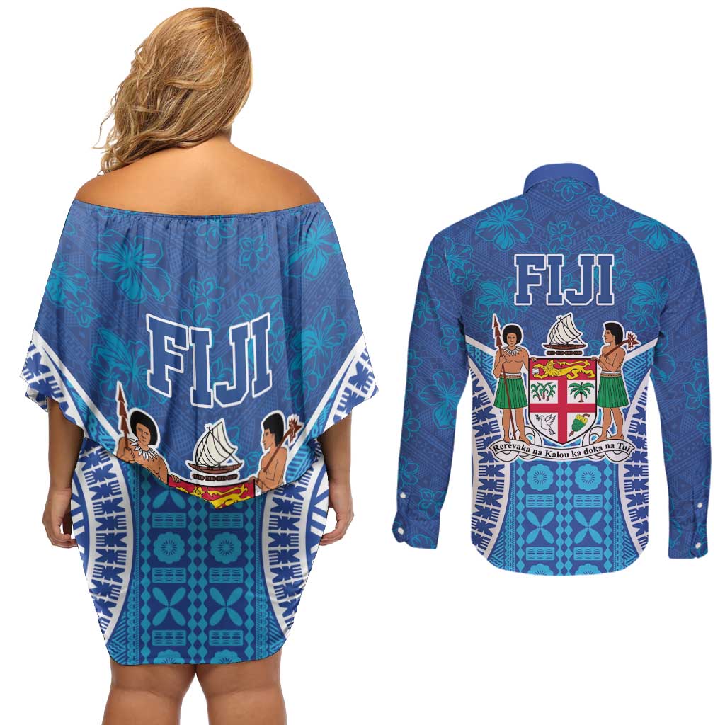 Fiji Day Couples Matching Off Shoulder Short Dress and Long Sleeve Button Shirt Fijian Masi Tribal Hibiscus Tattoo and Tapa Pattern LT03 - Polynesian Pride