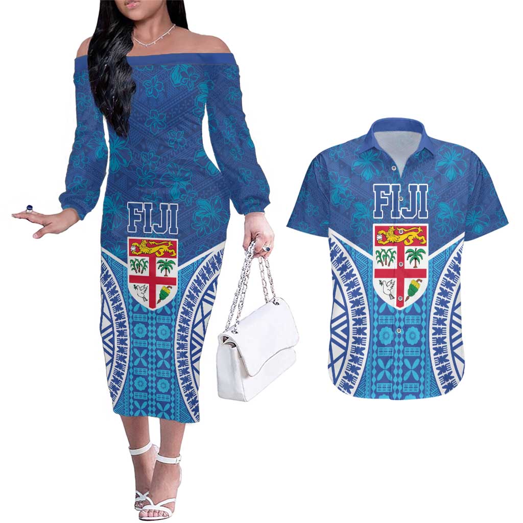 Fiji Day Couples Matching Off The Shoulder Long Sleeve Dress and Hawaiian Shirt Fijian Masi Tribal Hibiscus Tattoo and Tapa Pattern LT03 Blue - Polynesian Pride