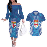 Fiji Day Couples Matching Off The Shoulder Long Sleeve Dress and Hawaiian Shirt Fijian Masi Tribal Hibiscus Tattoo and Tapa Pattern LT03 Blue - Polynesian Pride