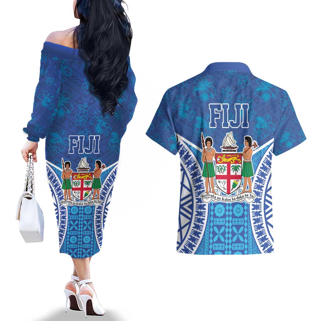 Fiji Day Couples Matching Off The Shoulder Long Sleeve Dress and Hawaiian Shirt Fijian Masi Tribal Hibiscus Tattoo and Tapa Pattern LT03 - Polynesian Pride