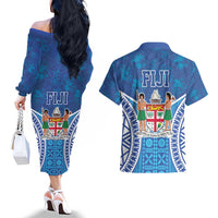 Fiji Day Couples Matching Off The Shoulder Long Sleeve Dress and Hawaiian Shirt Fijian Masi Tribal Hibiscus Tattoo and Tapa Pattern LT03 - Polynesian Pride