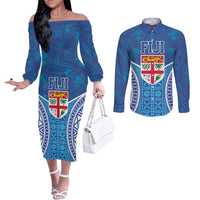 Fiji Day Couples Matching Off The Shoulder Long Sleeve Dress and Long Sleeve Button Shirt Fijian Masi Tribal Hibiscus Tattoo and Tapa Pattern LT03 Blue - Polynesian Pride