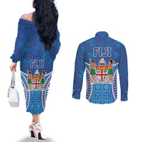 Fiji Day Couples Matching Off The Shoulder Long Sleeve Dress and Long Sleeve Button Shirt Fijian Masi Tribal Hibiscus Tattoo and Tapa Pattern LT03 - Polynesian Pride