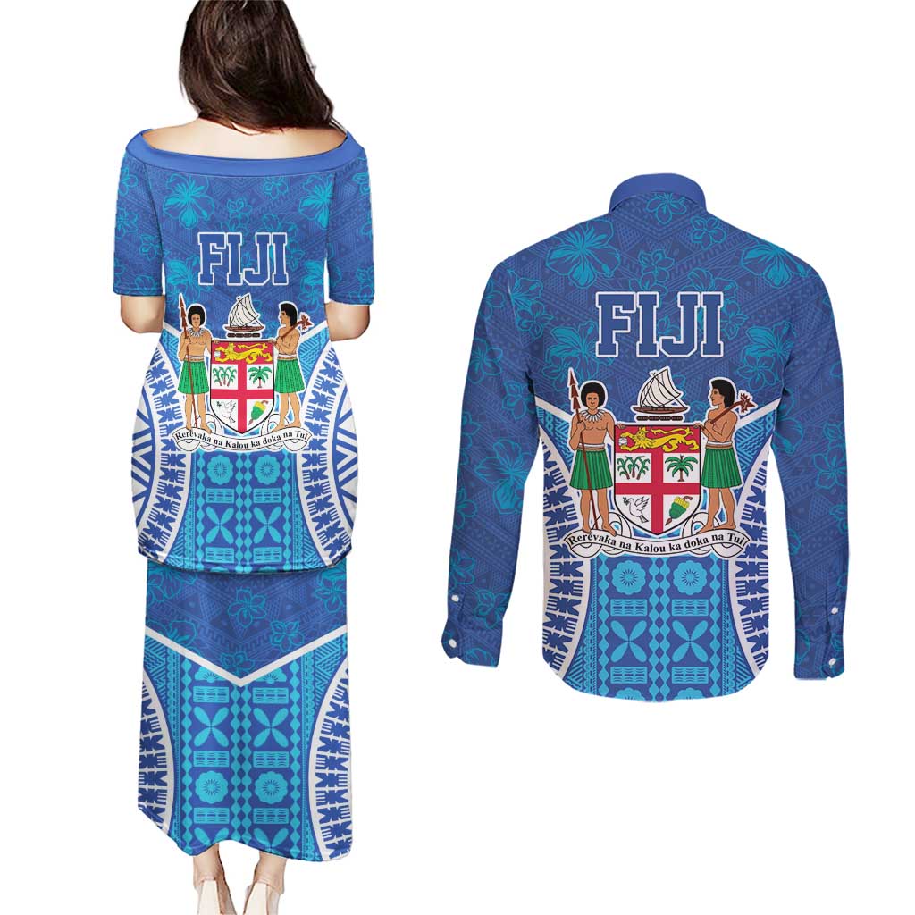 Fiji Day Couples Matching Puletasi and Long Sleeve Button Shirt Fijian Masi Tribal Hibiscus Tattoo and Tapa Pattern
