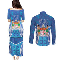 Fiji Day Couples Matching Puletasi and Long Sleeve Button Shirt Fijian Masi Tribal Hibiscus Tattoo and Tapa Pattern